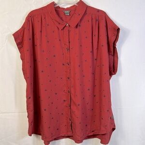 Eddie Bauer Red Button Down Short Sleeve Top Size 2XL Black Star Print New